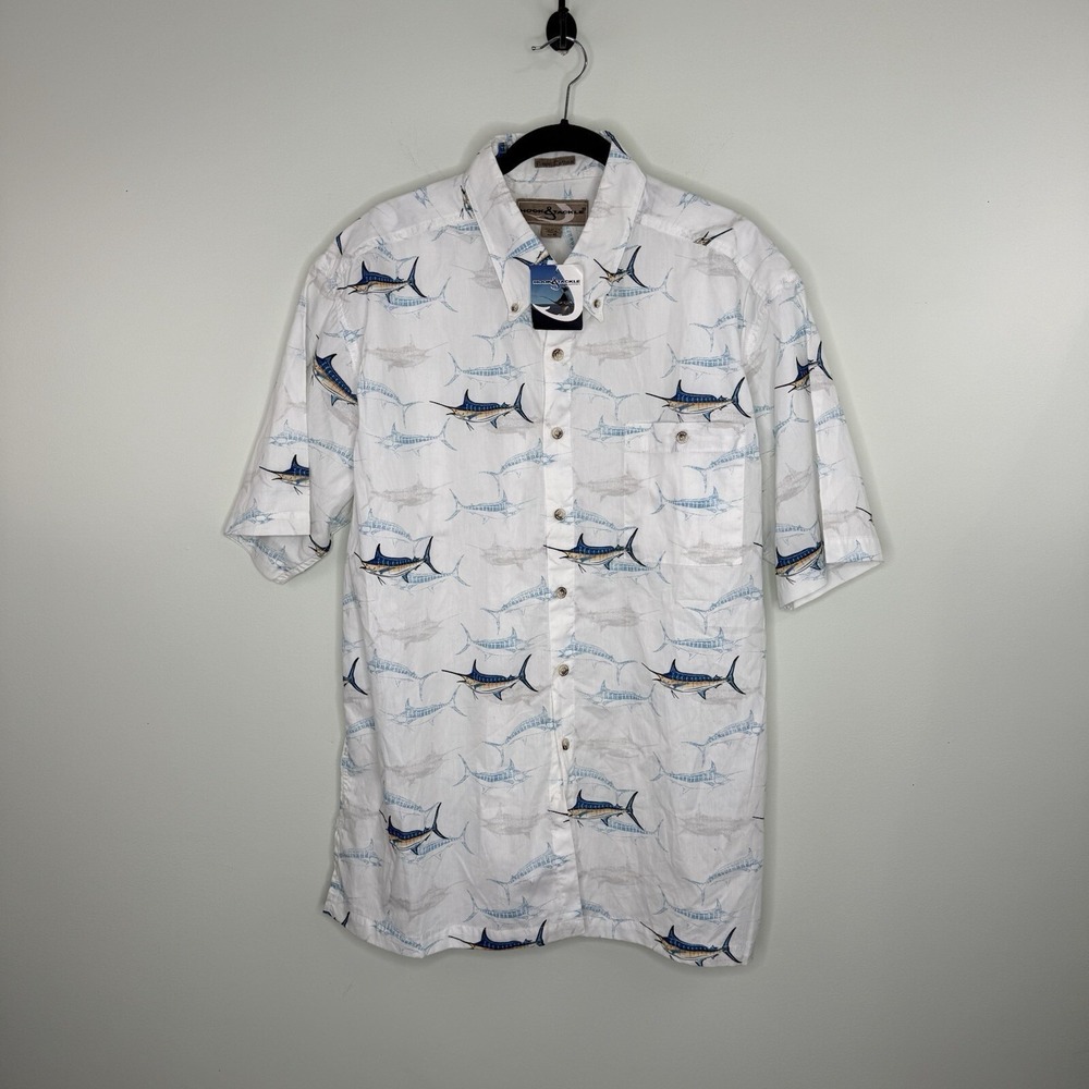 Hook & Tackle Men's White Marlin‎ Pattern Fish Short Sleeve Button Shirt Size XL